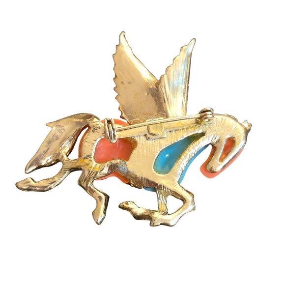 Hattie Carnegie Pegasus Brooch horse coral teal rhinestone accents unsigned VTG - Picture 7 of 9